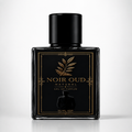 Black perfume bottle with gold label on a white background