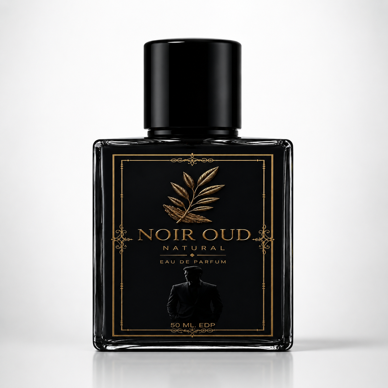 Black perfume bottle with gold label on a white background