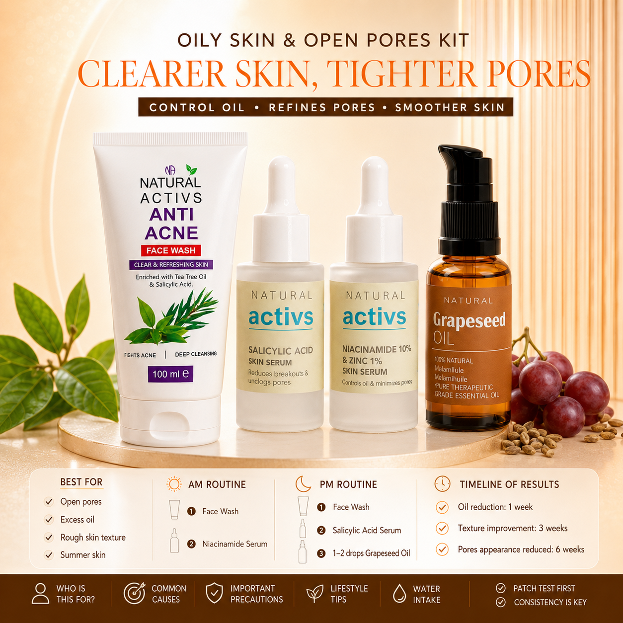 Oily Skin & Open Pores Kit – Anti Acne Face Wash + Niacinamide Serum + Salicylic Acid Serum + Grapeseed Oil