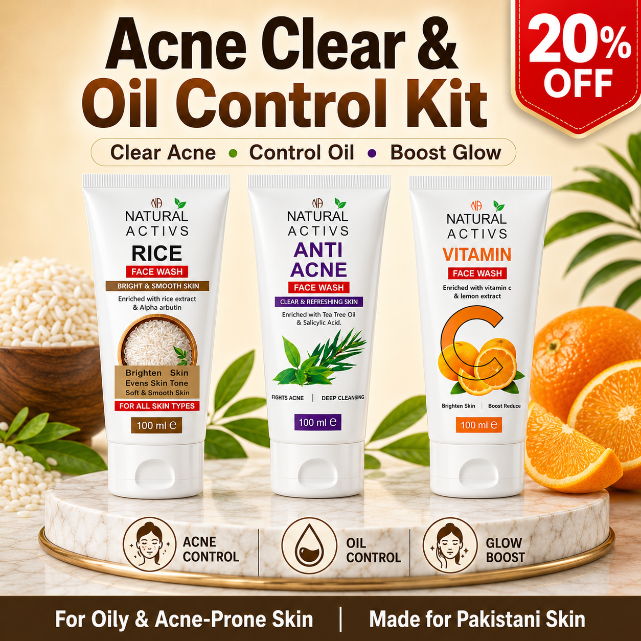 Acne Clear & Oil Control Kit – Rice + Anti Acne + Vitamin C Face Wash