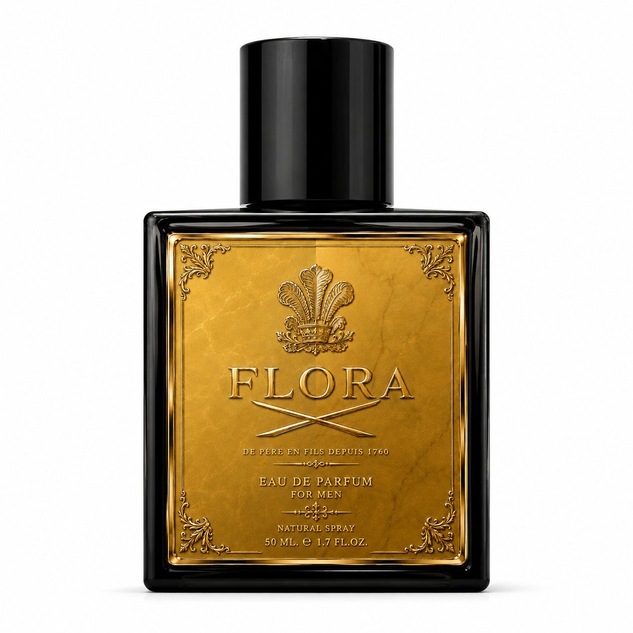 Gold and black Flora Eau de Parfum bottle on a white background