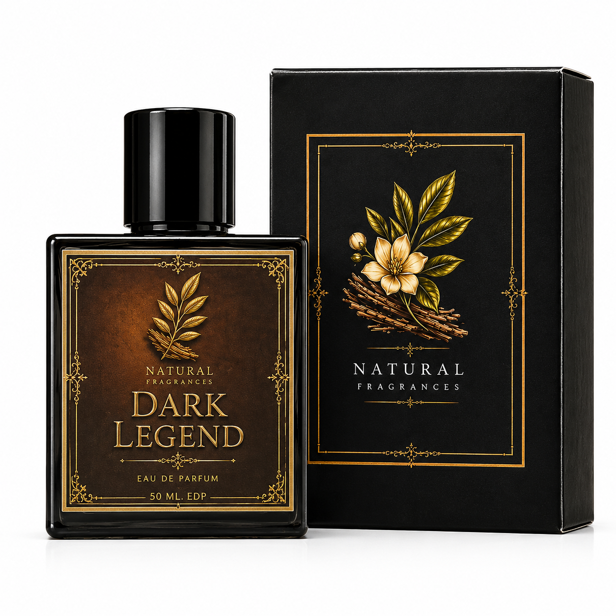 Perfume bottle and packaging of 'Dark Legend' by Natural Fragrances on a white background