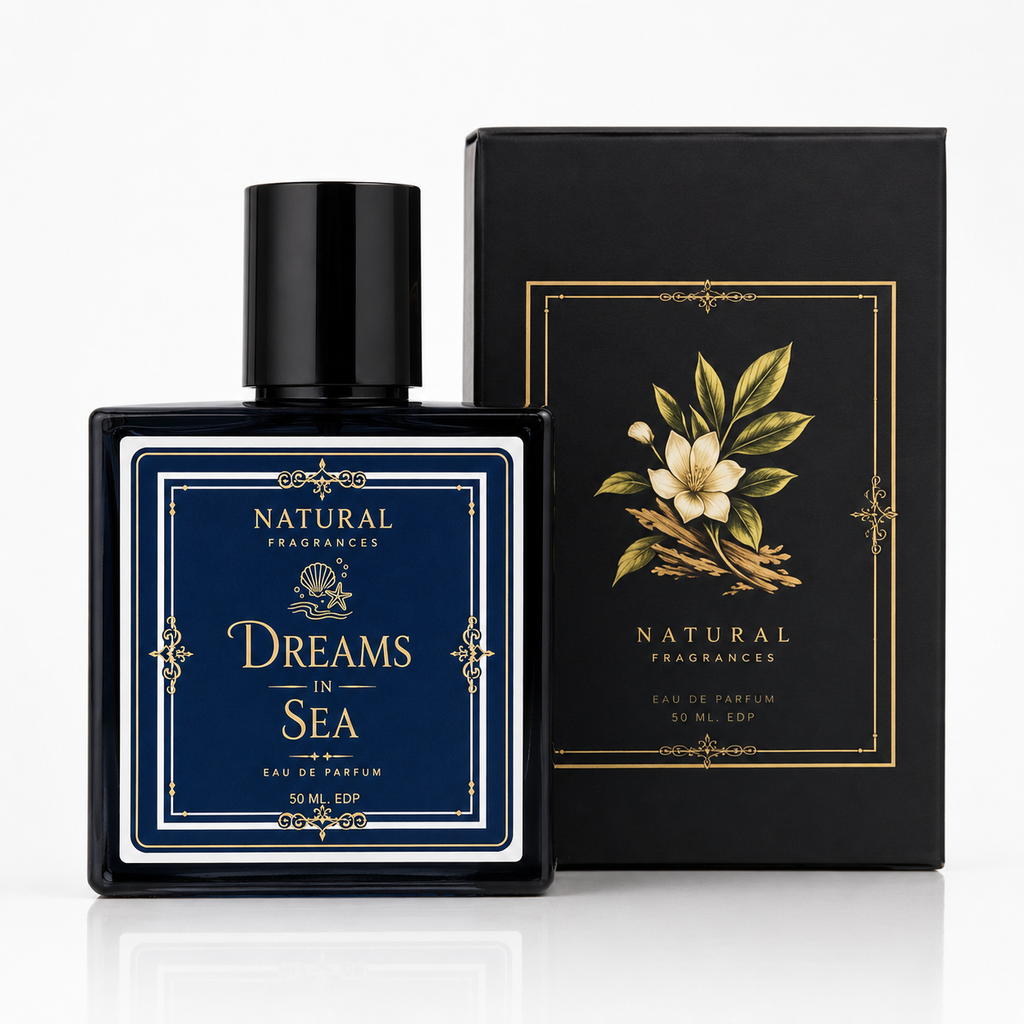 Perfume bottle and packaging of 'Dreams in Sea' by Natural Fragrances on a white background