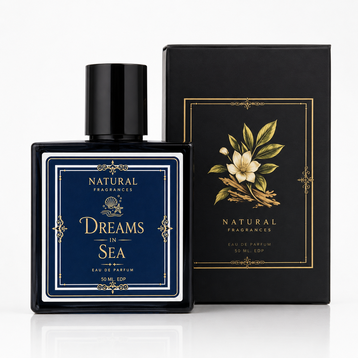 Perfume bottle and packaging of 'Dreams in Sea' by Natural Fragrances on a white background
