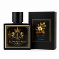 Perfume bottle and packaging of London King with decorative design on a white background