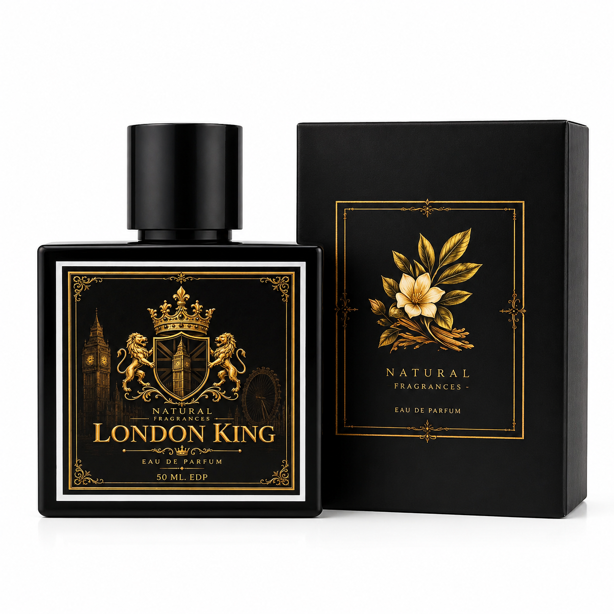 Perfume bottle and packaging of London King with decorative design on a white background