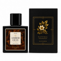 Amber Oud perfume bottle and packaging with floral design on a white background