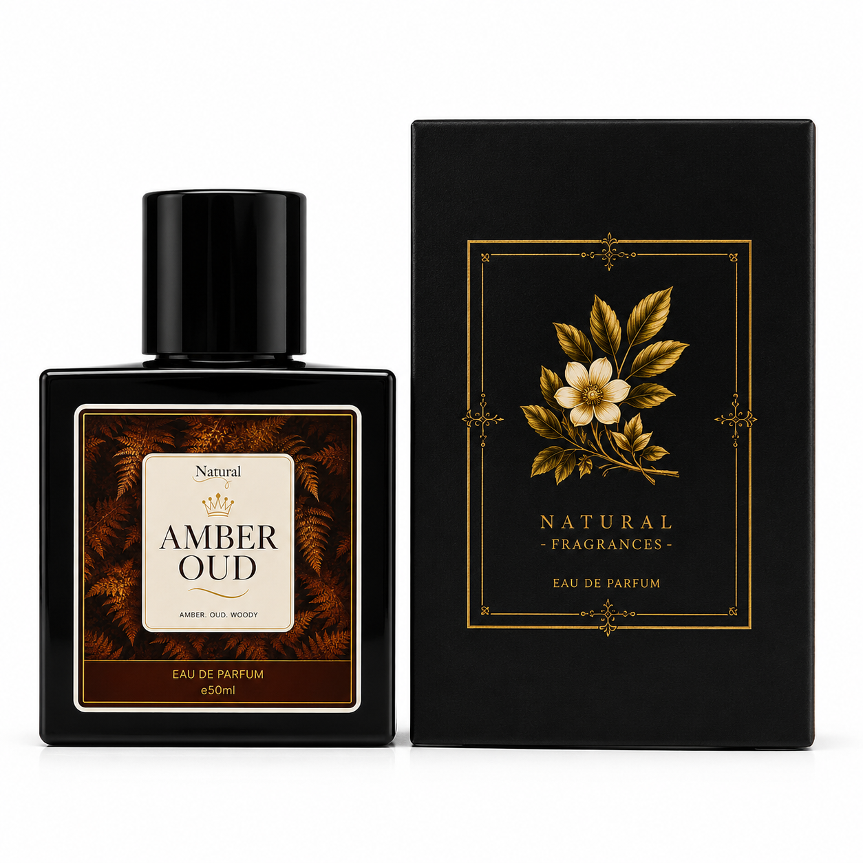 Amber Oud perfume bottle and packaging with floral design on a white background