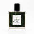 Perfume bottle labeled 'Miss World' with a black cap on a white background