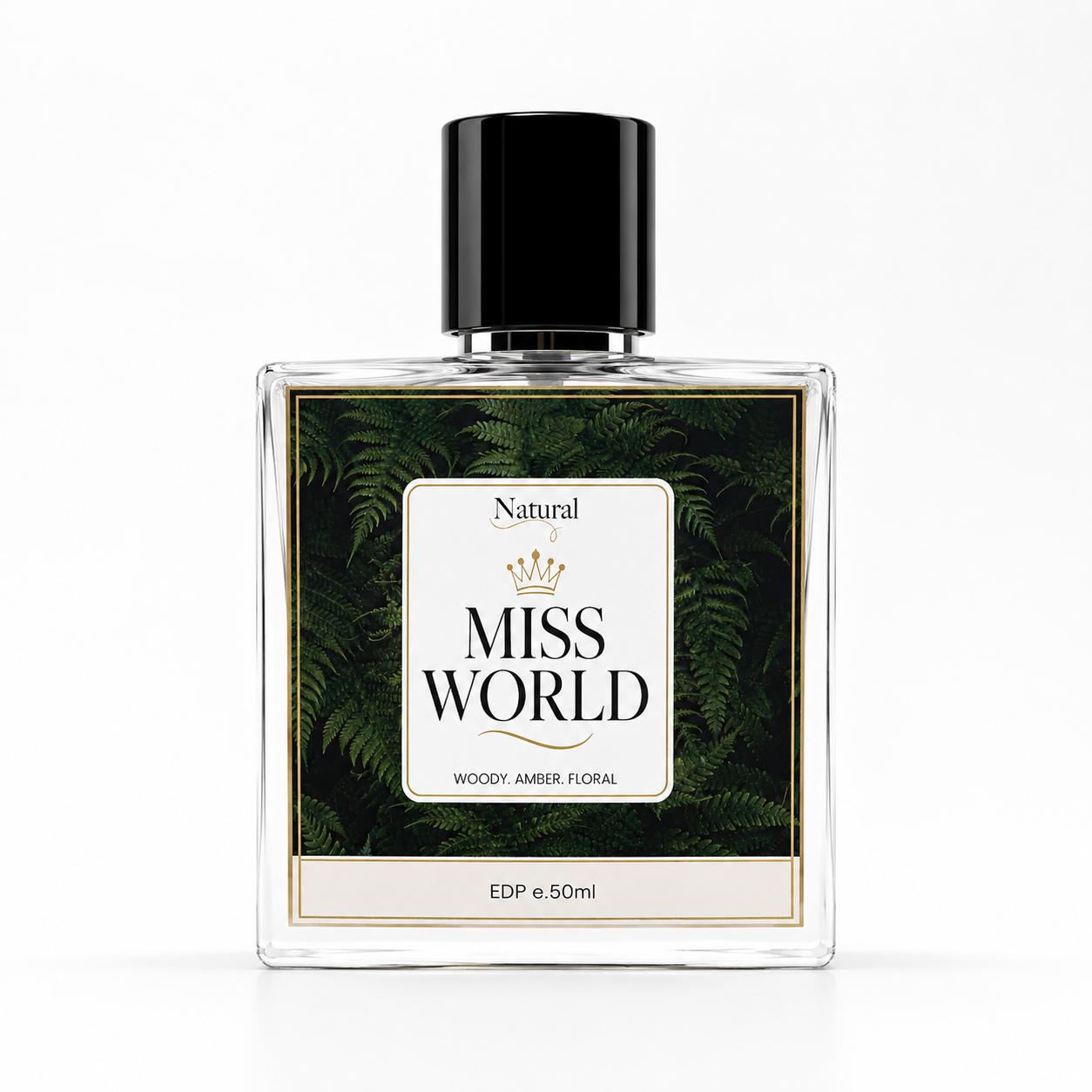 Perfume bottle labeled 'Miss World' with a black cap on a white background