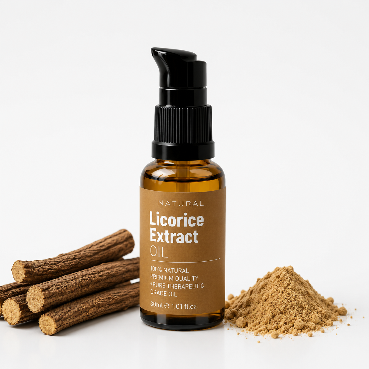 Bottle of licorice extract oil with licorice roots and powder on a white background