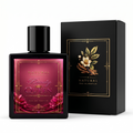 Perfume bottle and packaging with 'Beauty Queen' text on a white background